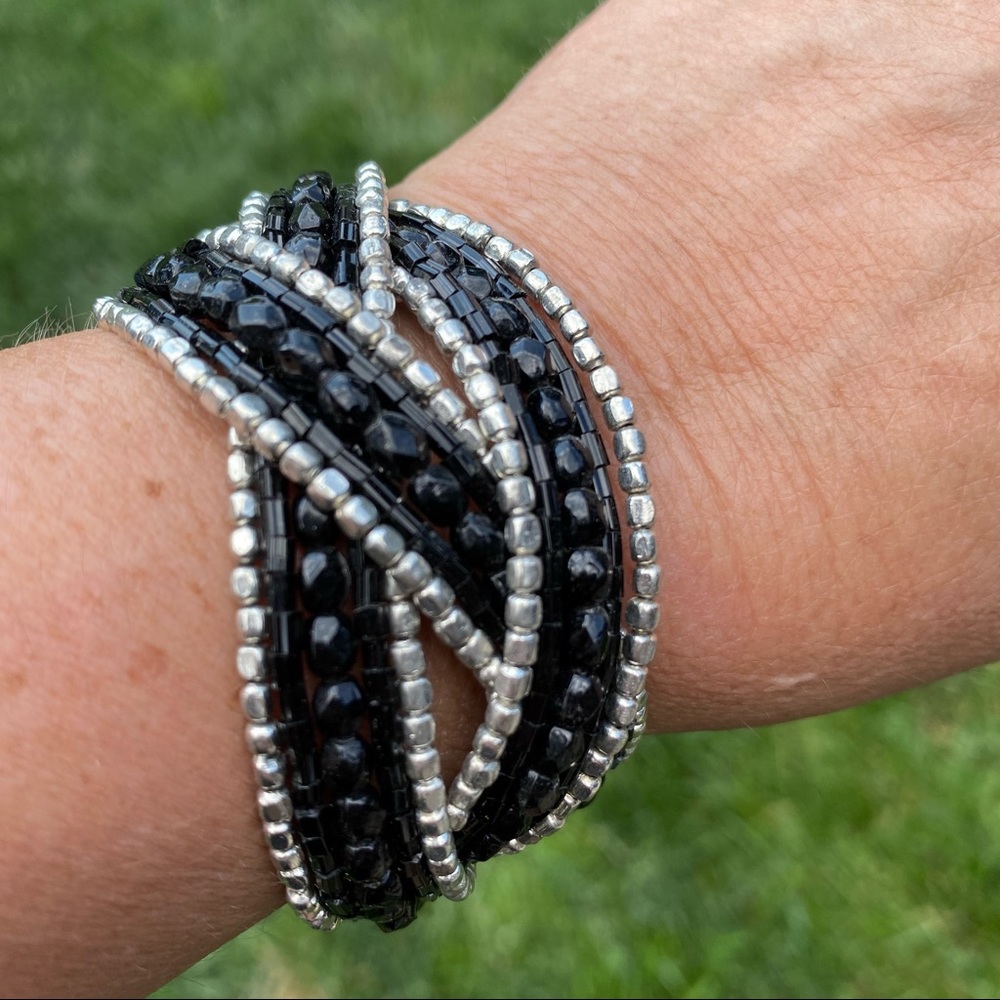 NWOT Multi-strand Braided black & silver wrap cuff beaded statement bracelet